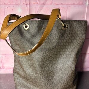 Michael Kors Brown Monogram Tote with Tan Leather Straps